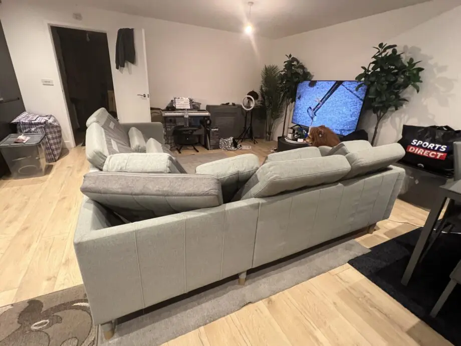 Sofa - colour sage, dining table with 4 chairs - grey, sofa bed - grey, footstool