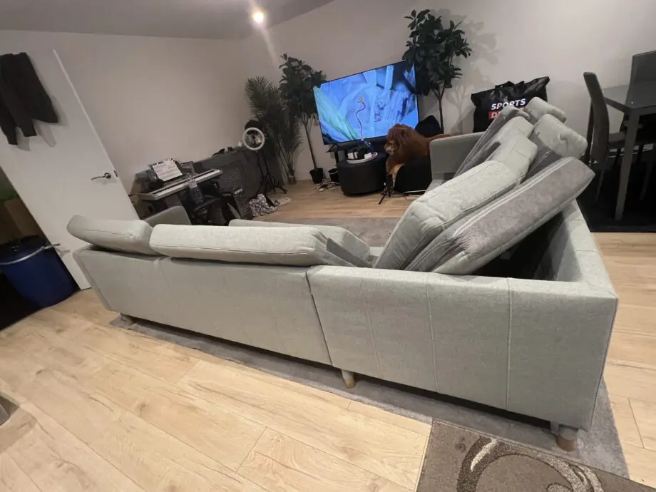 Sofa - colour sage, dining table with 4 chairs - grey, sofa bed - grey, footstool