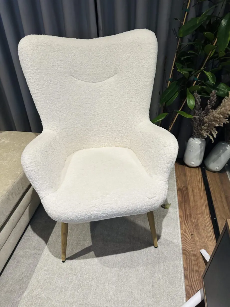 Boucle Armchair, Sherpa Fuzzy Tub Chair Lounge Chair with High Back for Living Room Bedroom Study, Ivory