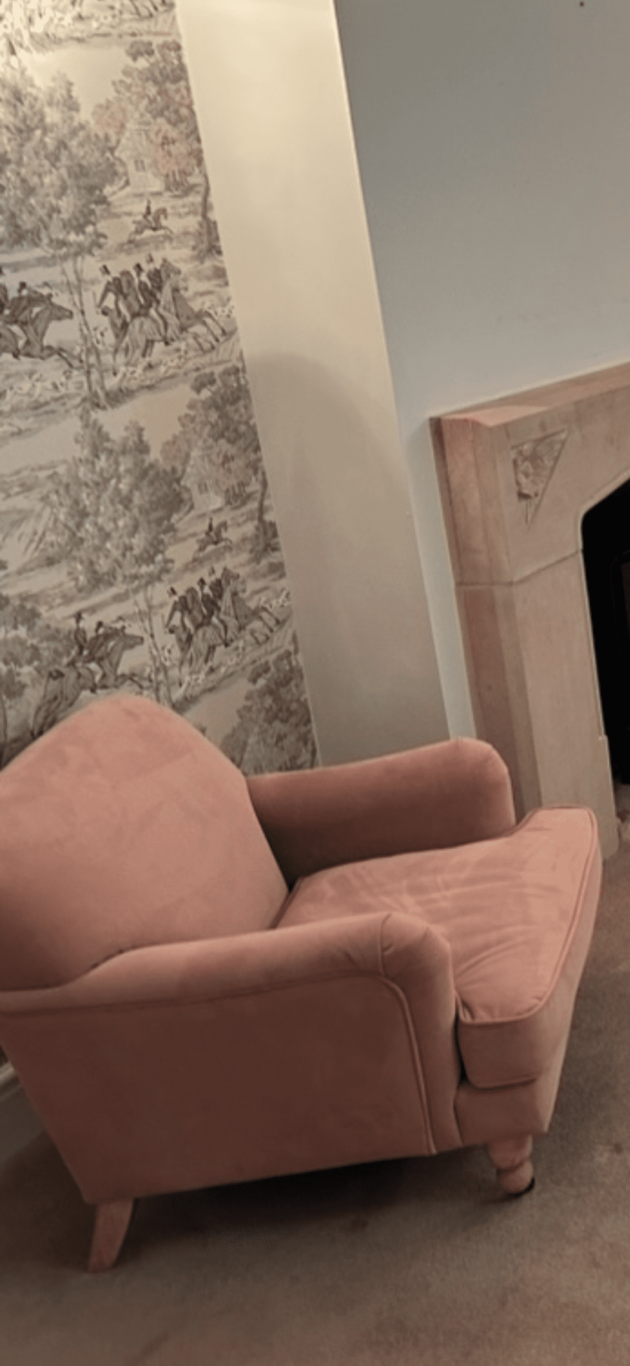 Pink Velvet Armchair with Wooden & Wheel Castors