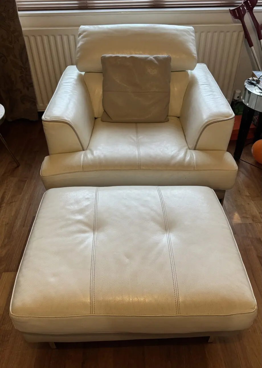 DFS white right facing corner leather sofa + arm chair + footstool