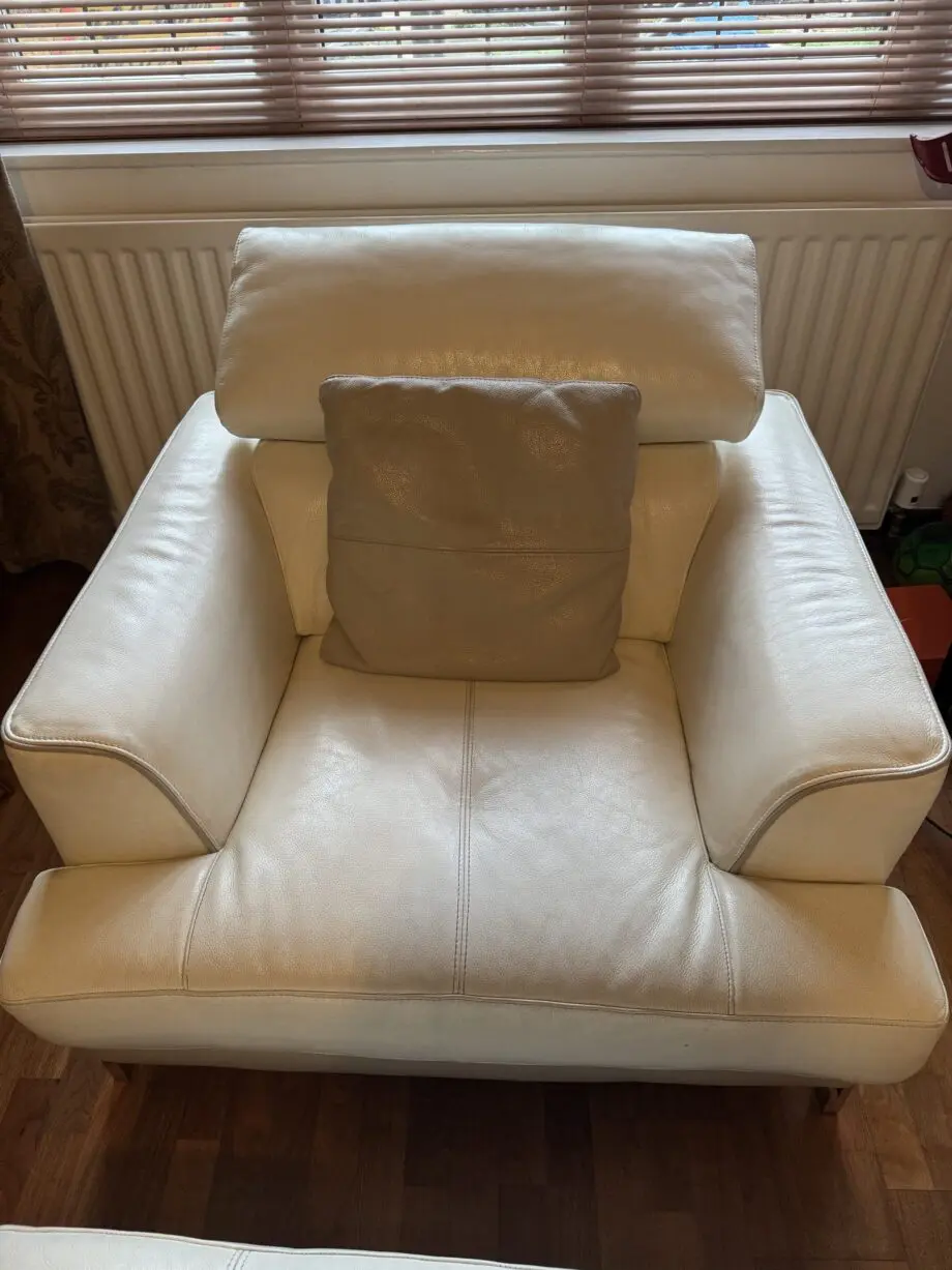 DFS white right facing corner leather sofa + arm chair + footstool
