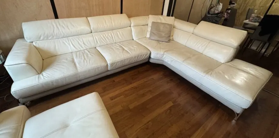 DFS white right facing corner leather sofa + arm chair + footstool