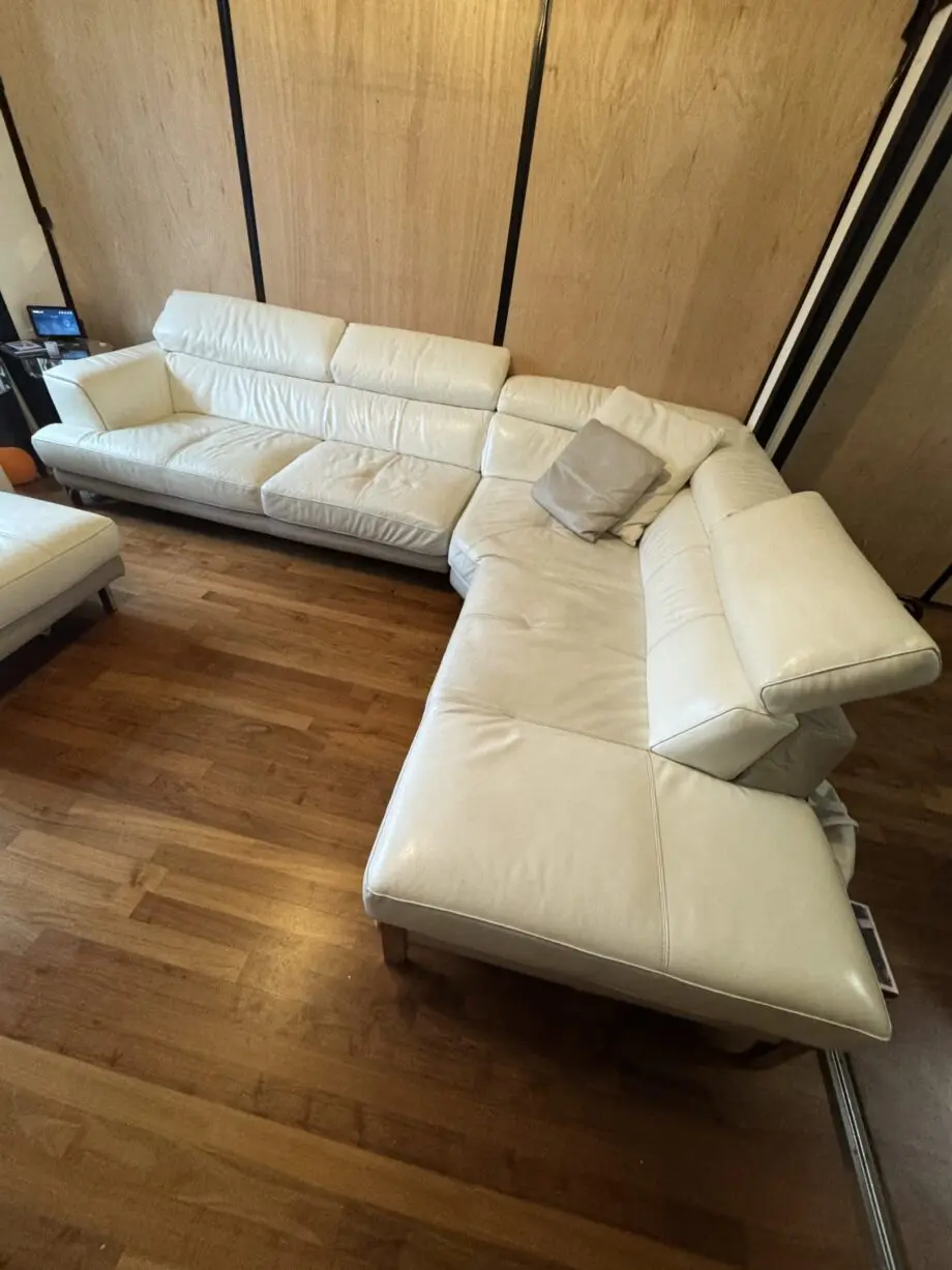 DFS white right facing corner leather sofa + arm chair + footstool