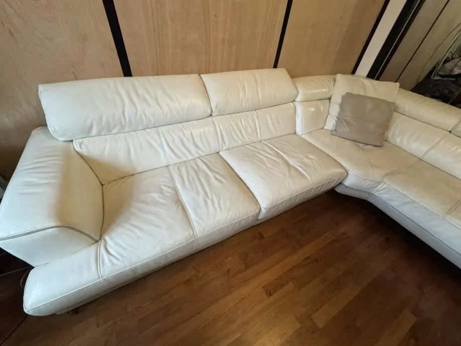 DFS white right facing corner leather sofa + arm chair + footstool