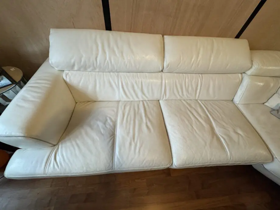 DFS white right facing corner leather sofa + arm chair + footstool