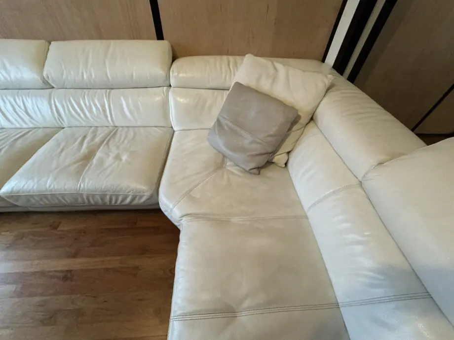 DFS white right facing corner leather sofa + arm chair + footstool
