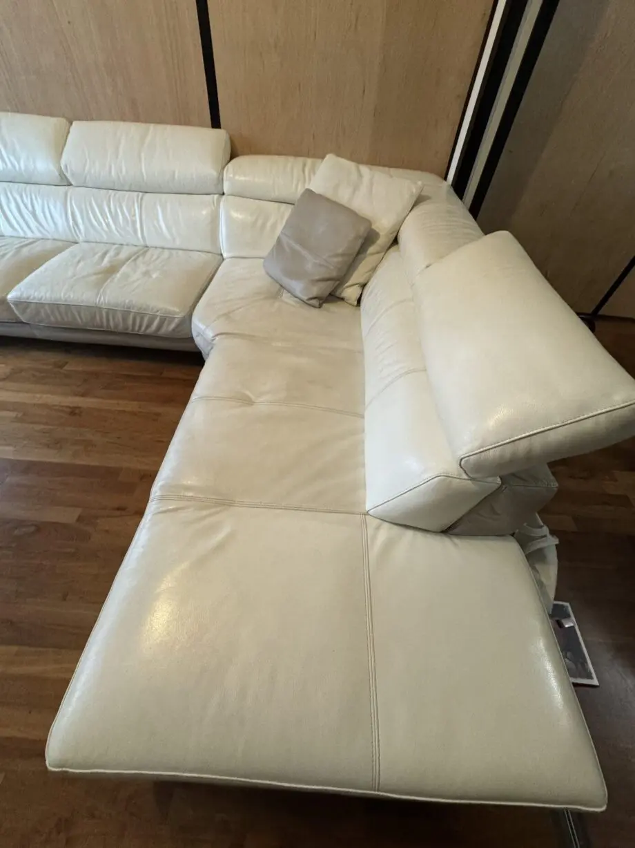 DFS white right facing corner leather sofa + arm chair + footstool