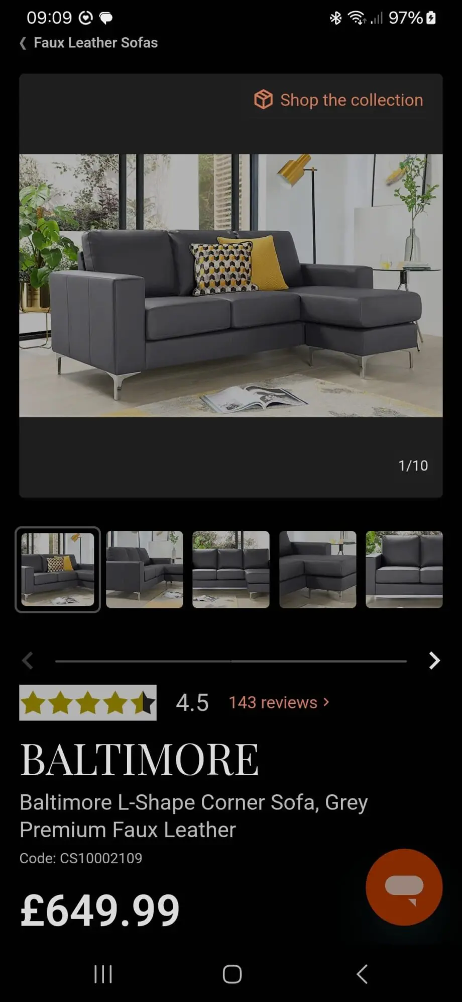 Grey leather Baltimore chaise sofa