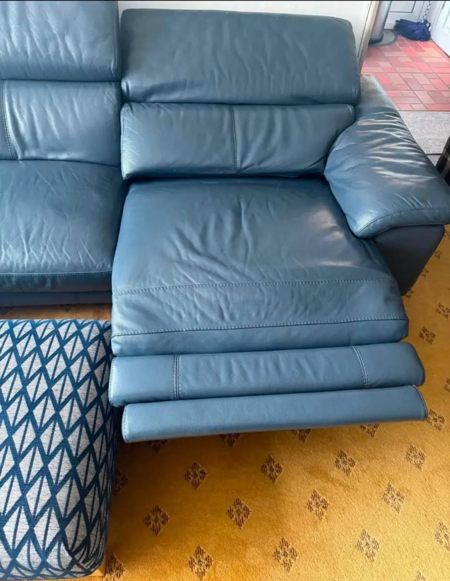 DFS Blue Real leather cornor Sofa with 10 year frame warranty remaining.