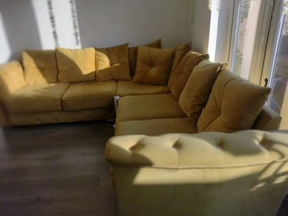 Luxury Chesterfield Mustard Plush Fabric 5 Seater Corner sofa - LoveSofas