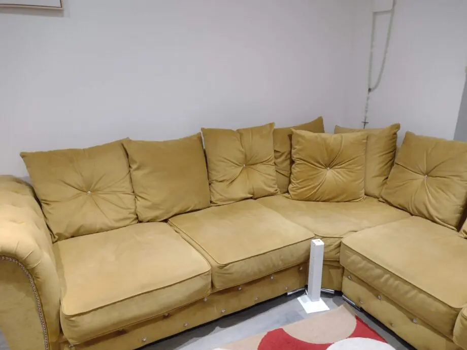 Luxury Chesterfield Mustard Plush Fabric 5 Seater Corner sofa - LoveSofas