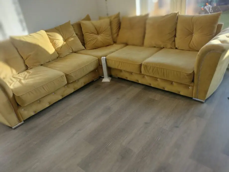 Luxury Chesterfield Mustard Plush Fabric 5 Seater Corner sofa - LoveSofas