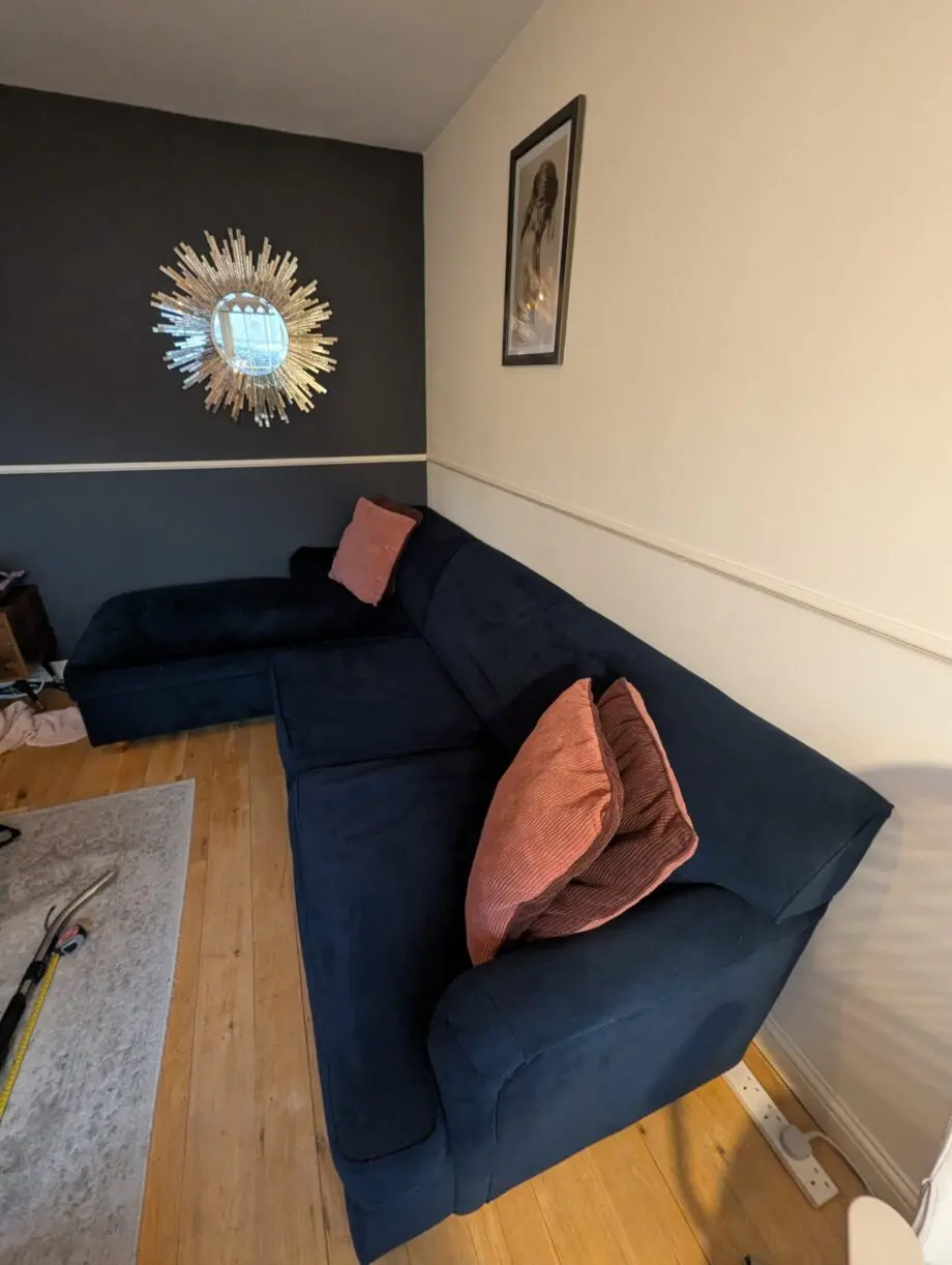 Blue velvet 3 seater L shape sofa bed