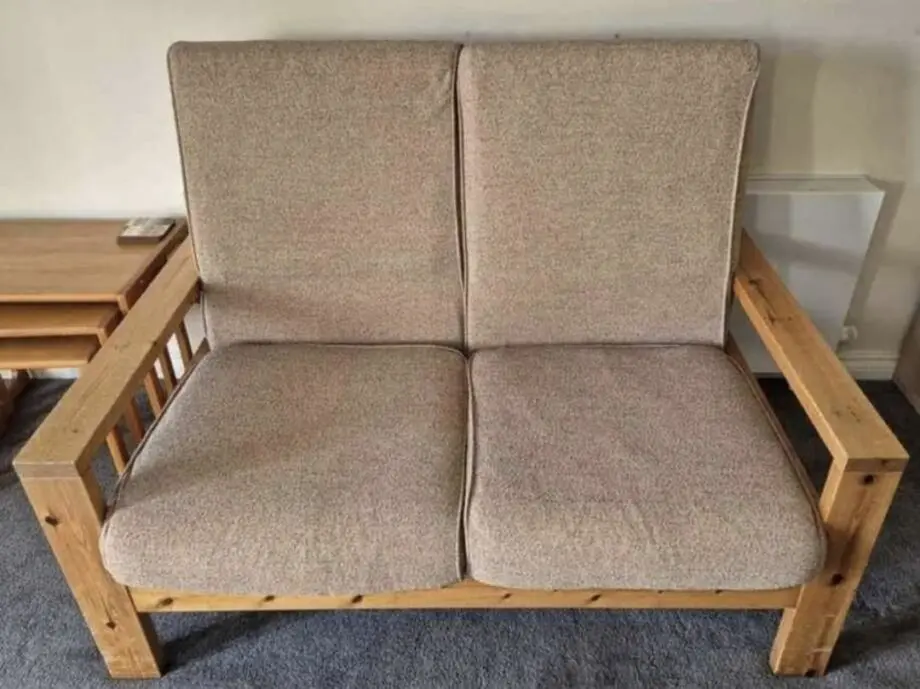 Vintage Scandinavian MCM modernist two seater sofa in solid pine with beige marl cushions