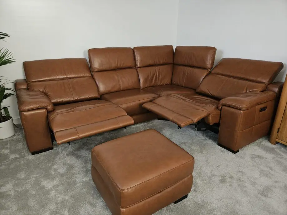 Laurence Cognac Leather Corner Sofa and stool