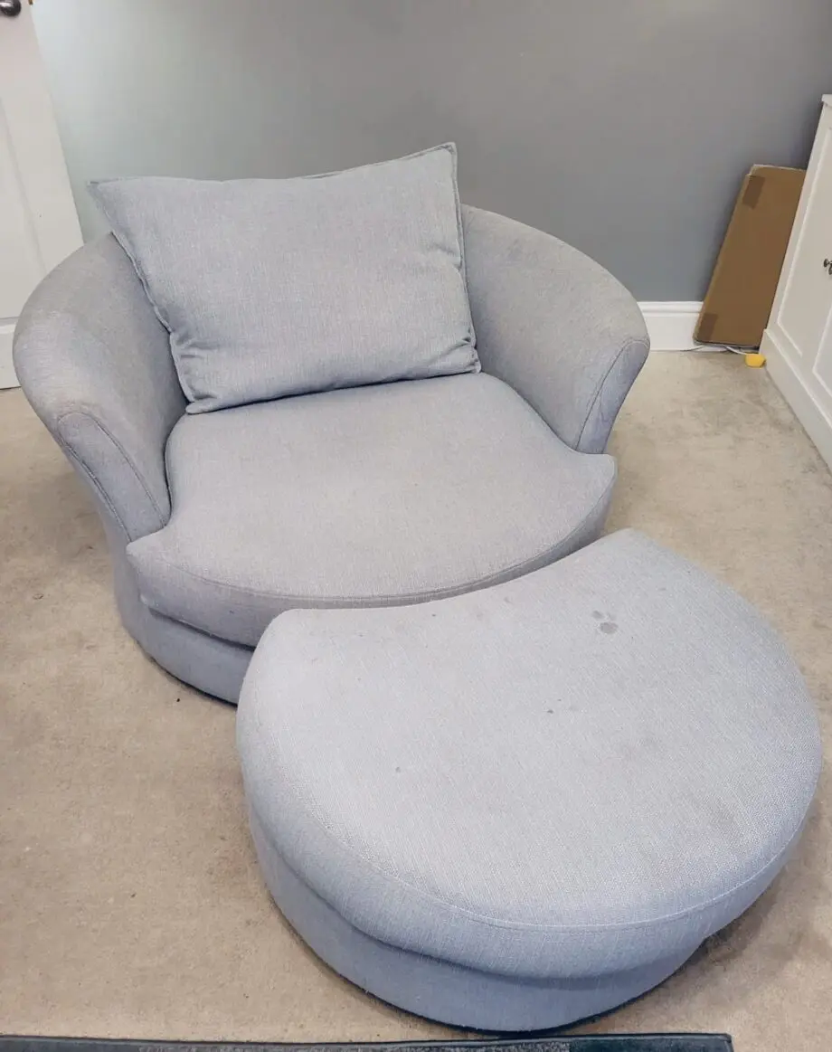 DFS Owen blue combination swivel chair, half moon foot stall and 2 pillows