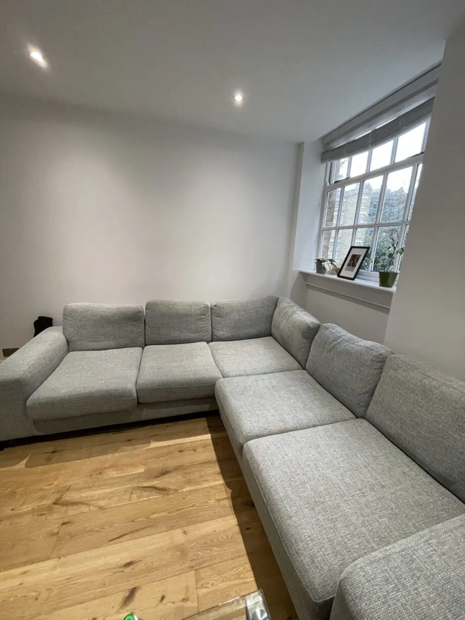 DFS tweed duck egg blue large corner sofa