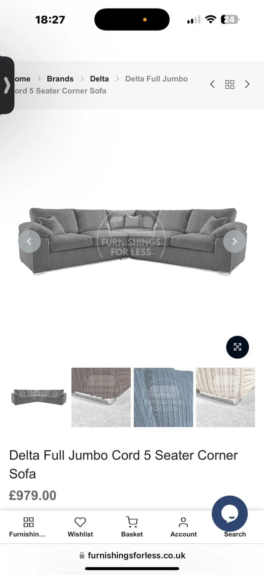 Delta Full Jumbo Cord 5 Seater Corner Sofa - Grey