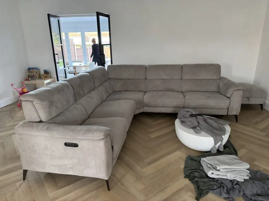 sofology illinois grey l shaped sofa with recliner and footstool