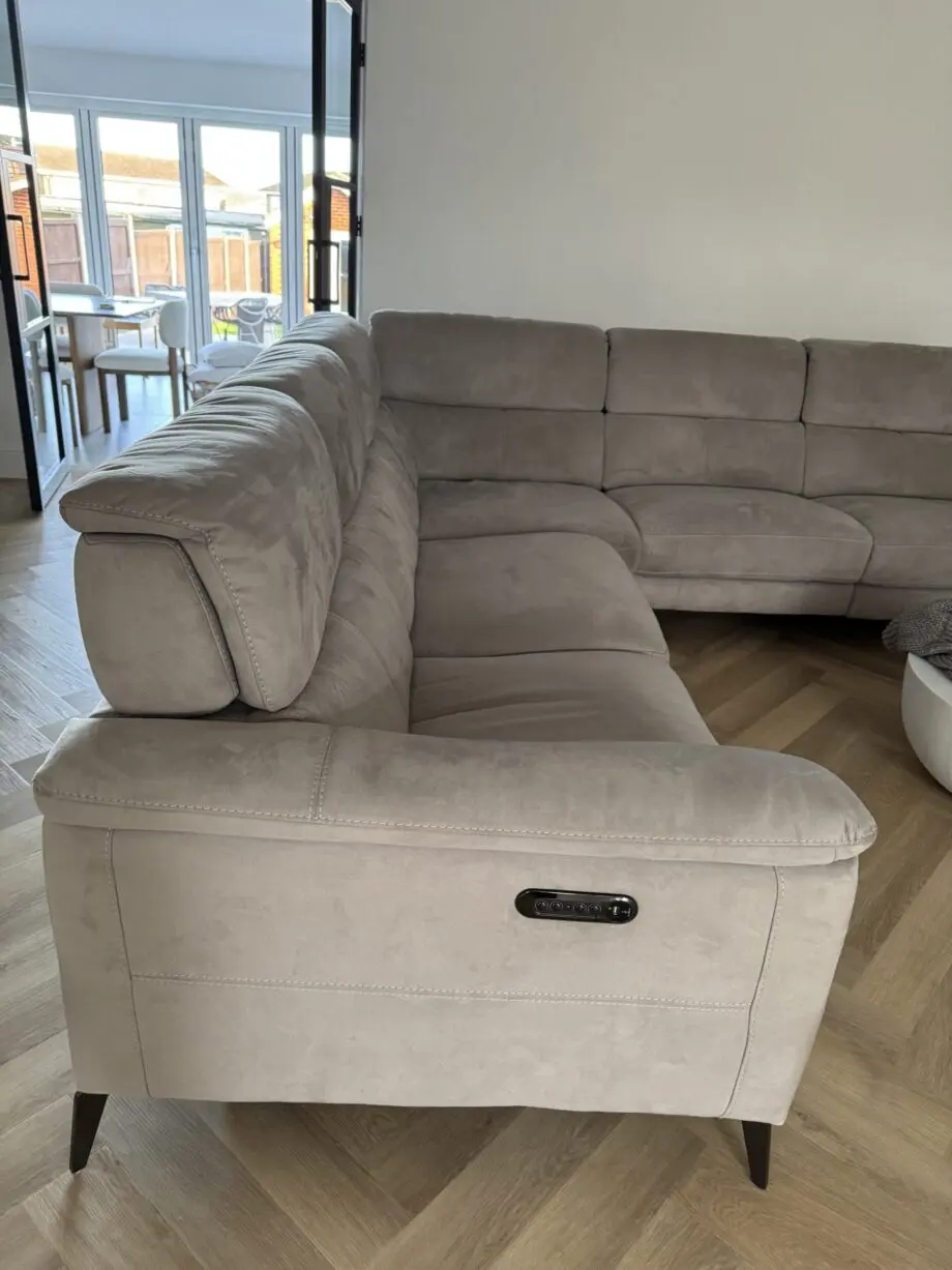 sofology illinois grey l shaped sofa with recliner and footstool