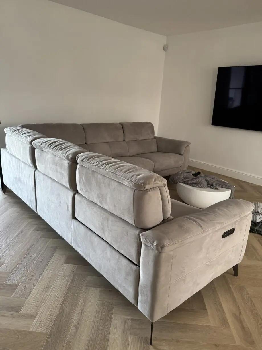 sofology illinois grey l shaped sofa with recliner and footstool