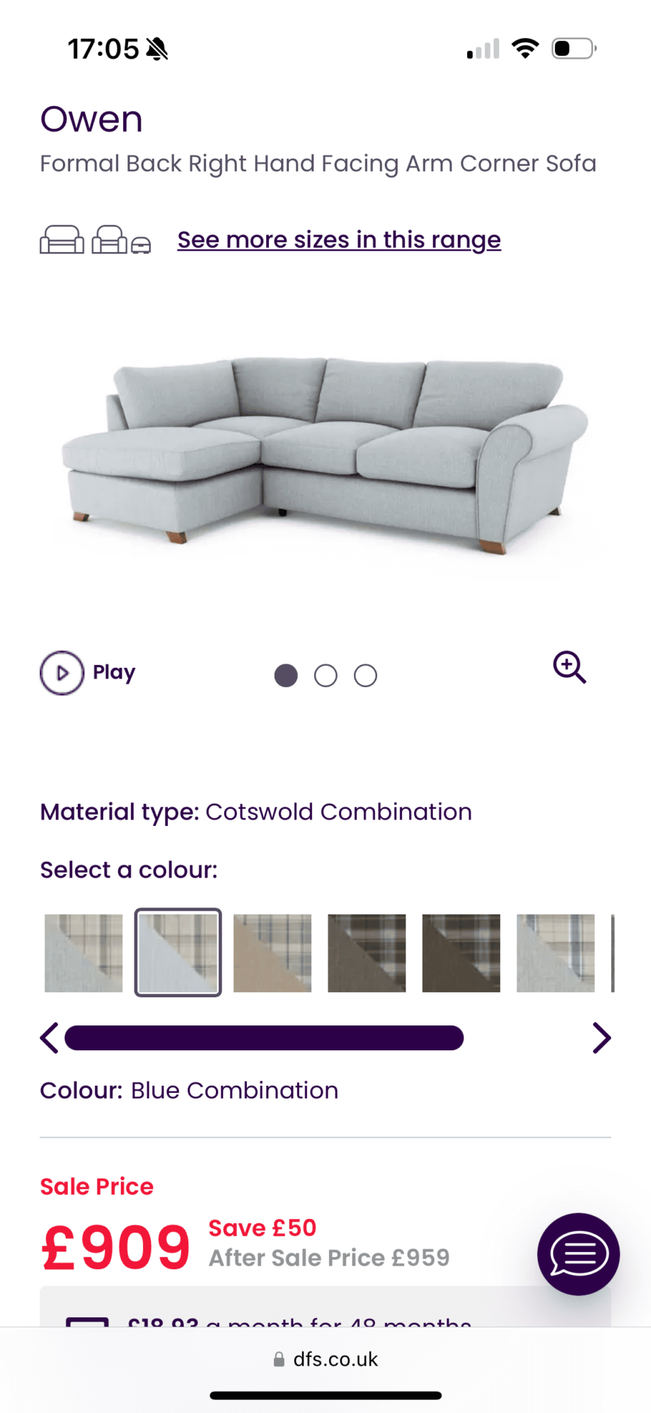 DFS Owen blue combination, Formal back right hand facing arm corner sofa.