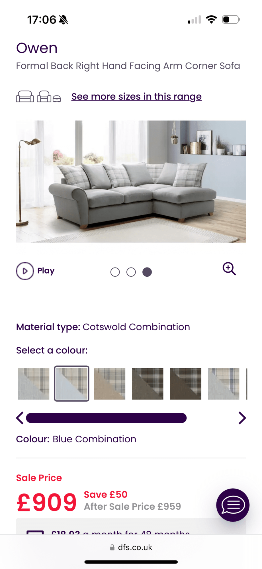 DFS Owen blue combination, Formal back right hand facing arm corner sofa.