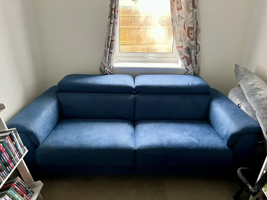 DFS sofa, royal blue, 2 seater electronic recliner (practically new/unused)