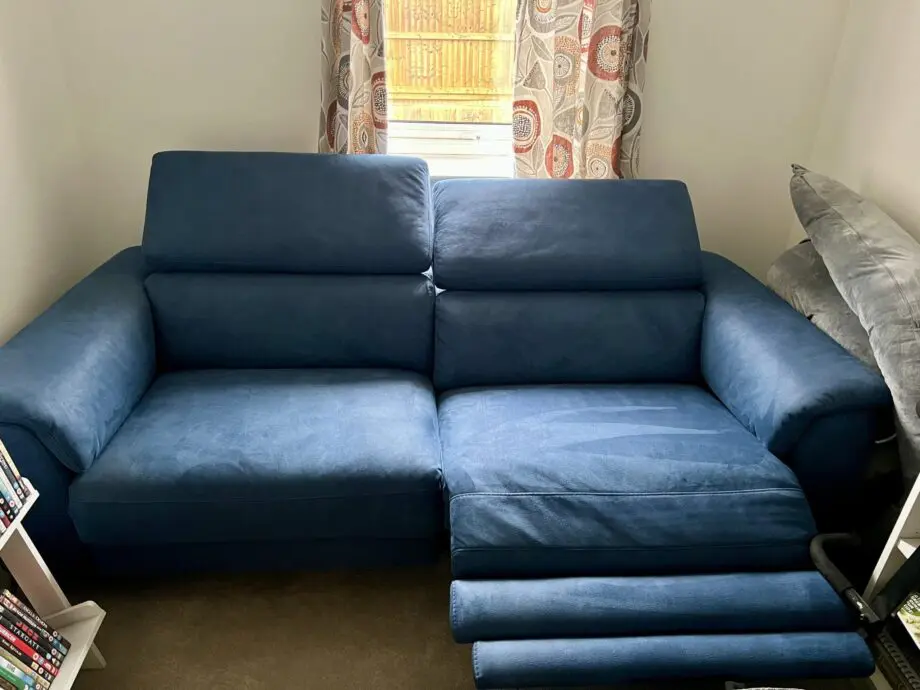 DFS sofa, royal blue, 2 seater electronic recliner (practically new/unused)