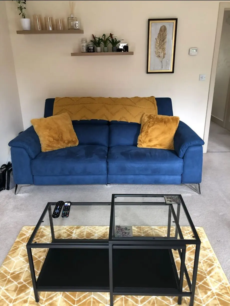 DFS sofa, royal blue, 2 seater electronic recliner (practically new/unused)