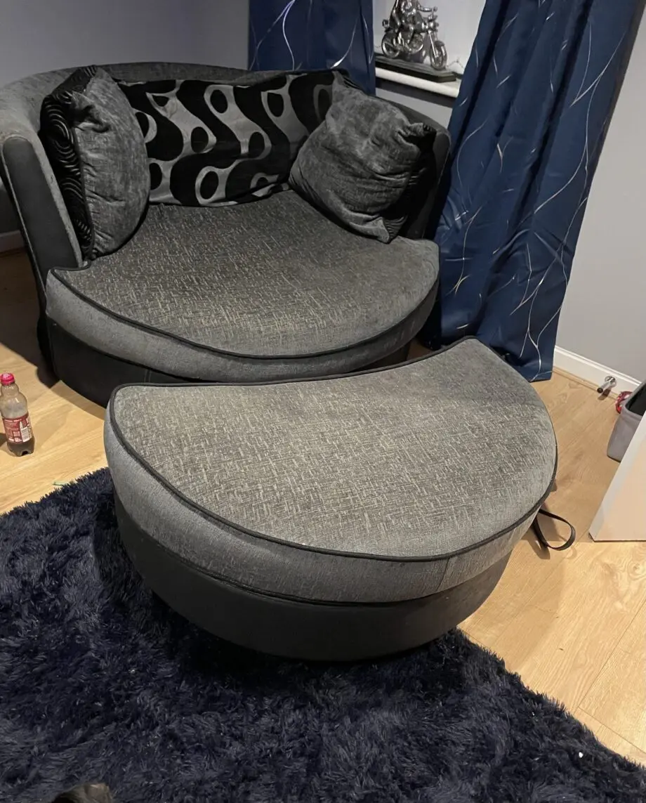 Swivel cuddle chair and half moon stool