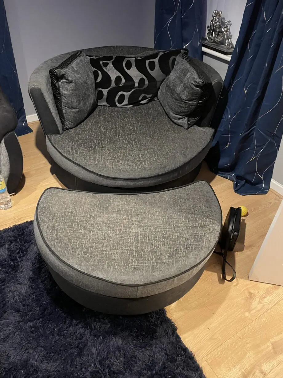 Swivel cuddle chair and half moon stool