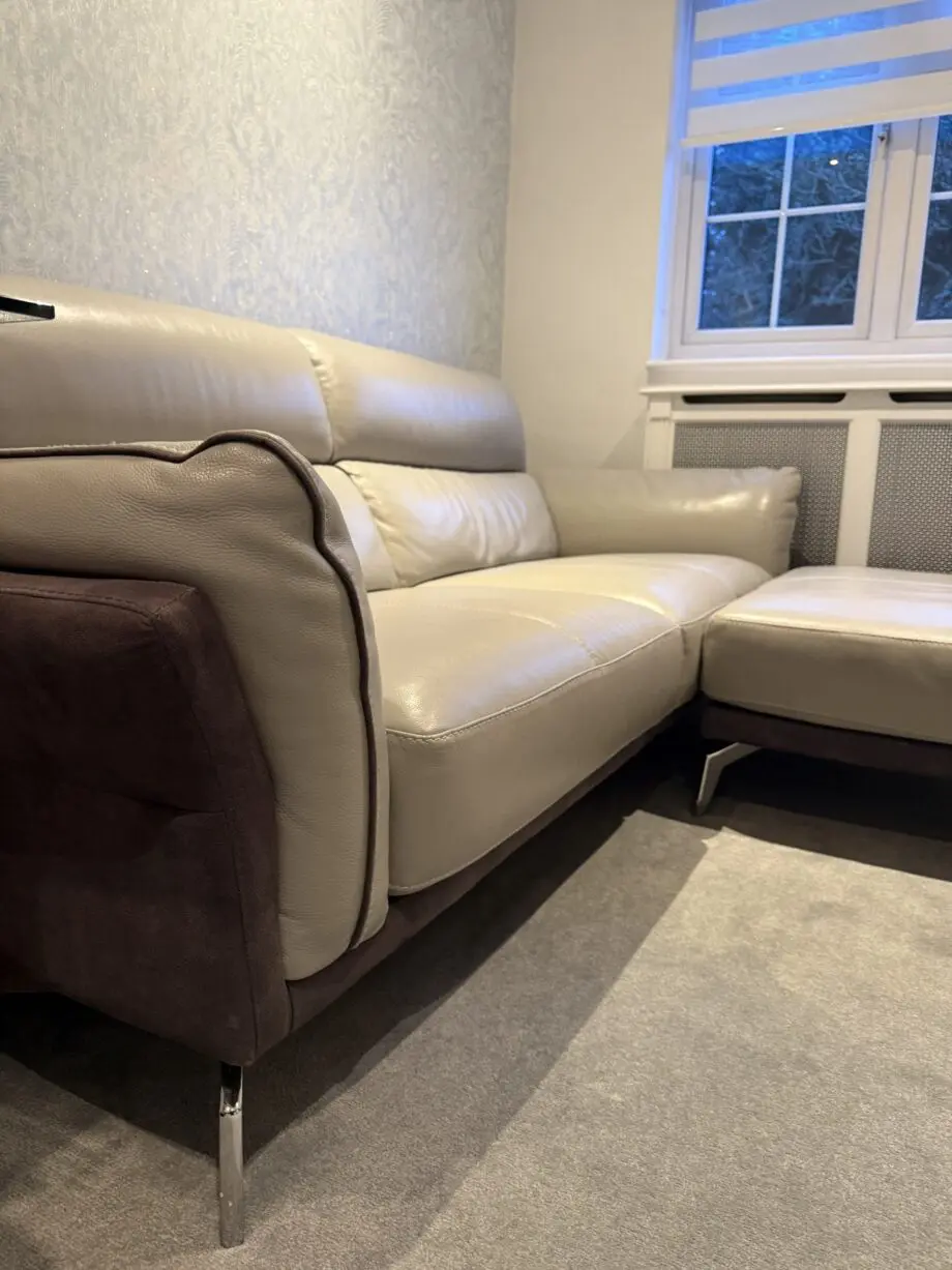 DFS Three seater + footstool - leather two tone