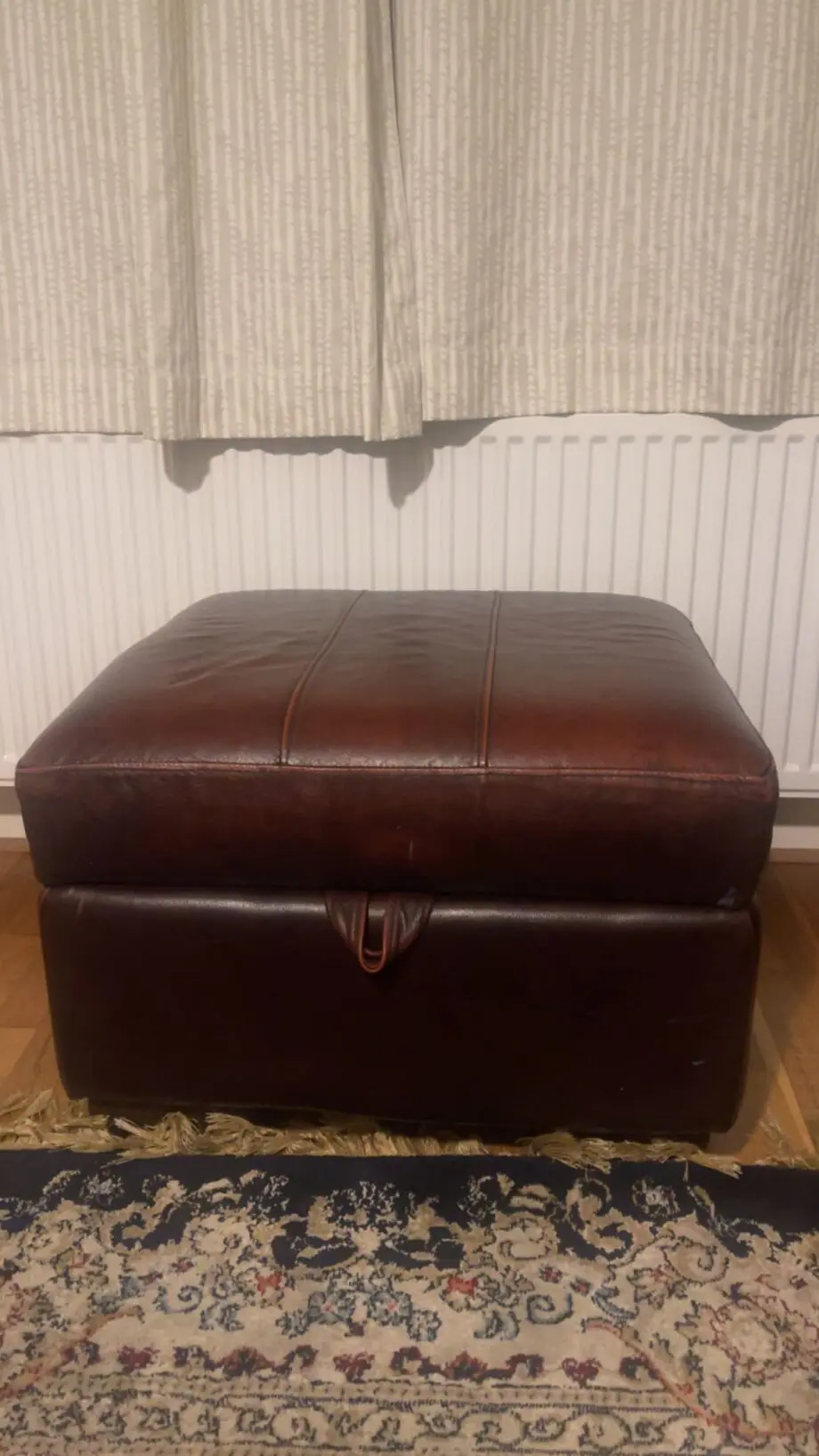 Set of two real leather three-seater sofas with stool