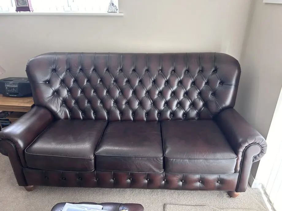 Thomas Lloyd Sofa, Chair & 2 Storage Footstools "Monk" range in Antique Brown