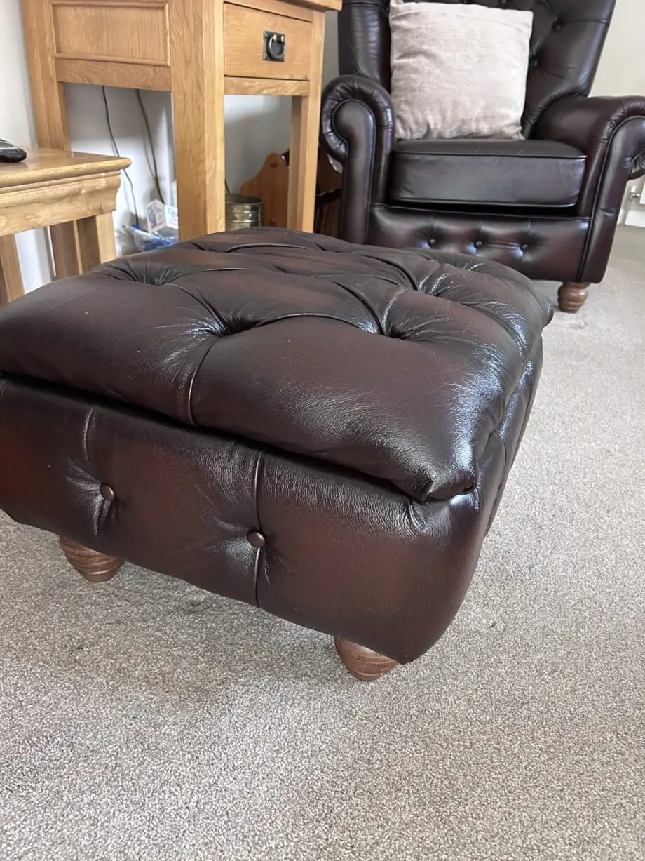 Thomas Lloyd Sofa, Chair & 2 Storage Footstools "Monk" range in Antique Brown