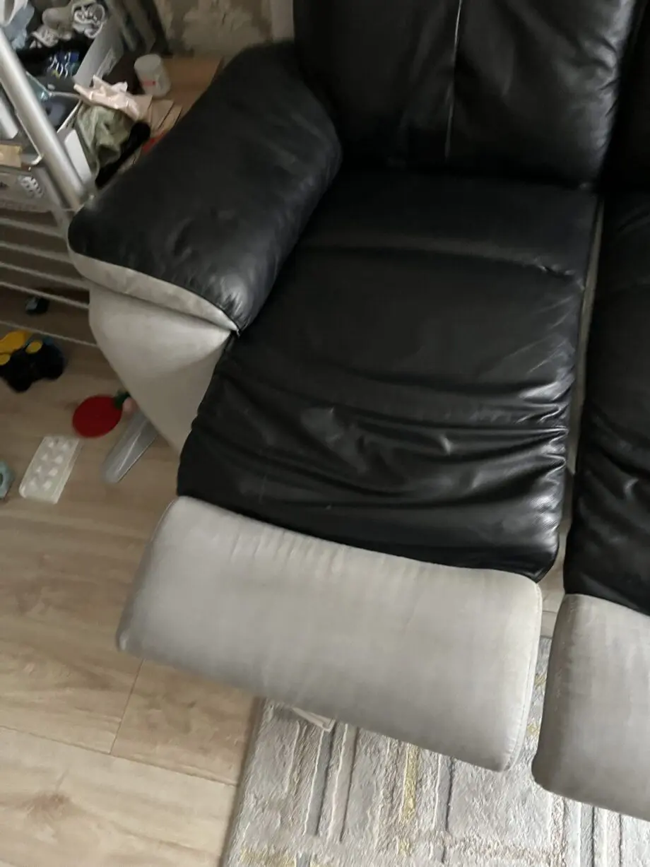 2x 2 seater black leather and grey suede recliner sofas