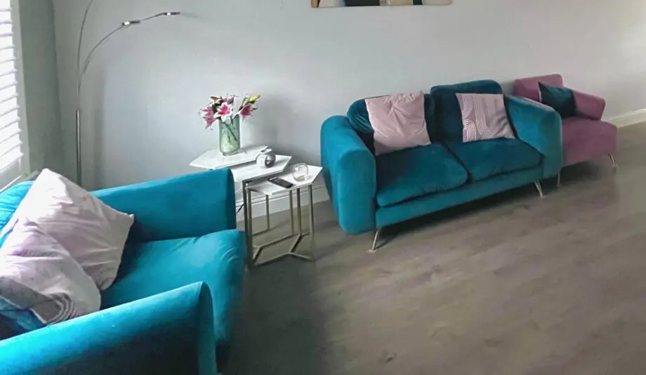 DFS double sofa, cuddle chair (teal)