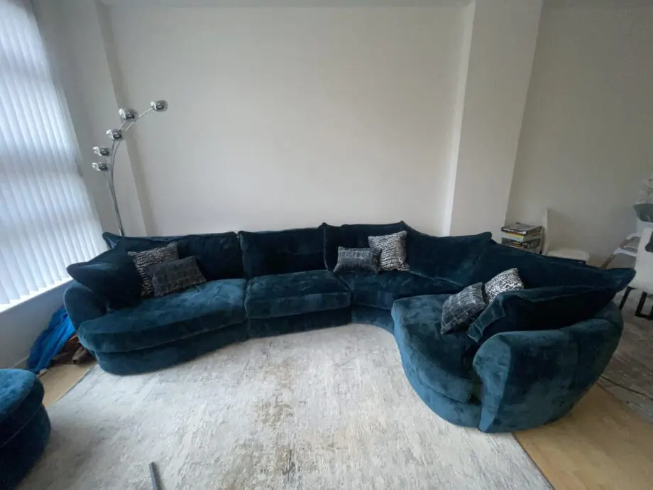 Lee longlands slumber blue velvet sofa, swivel chair and table.