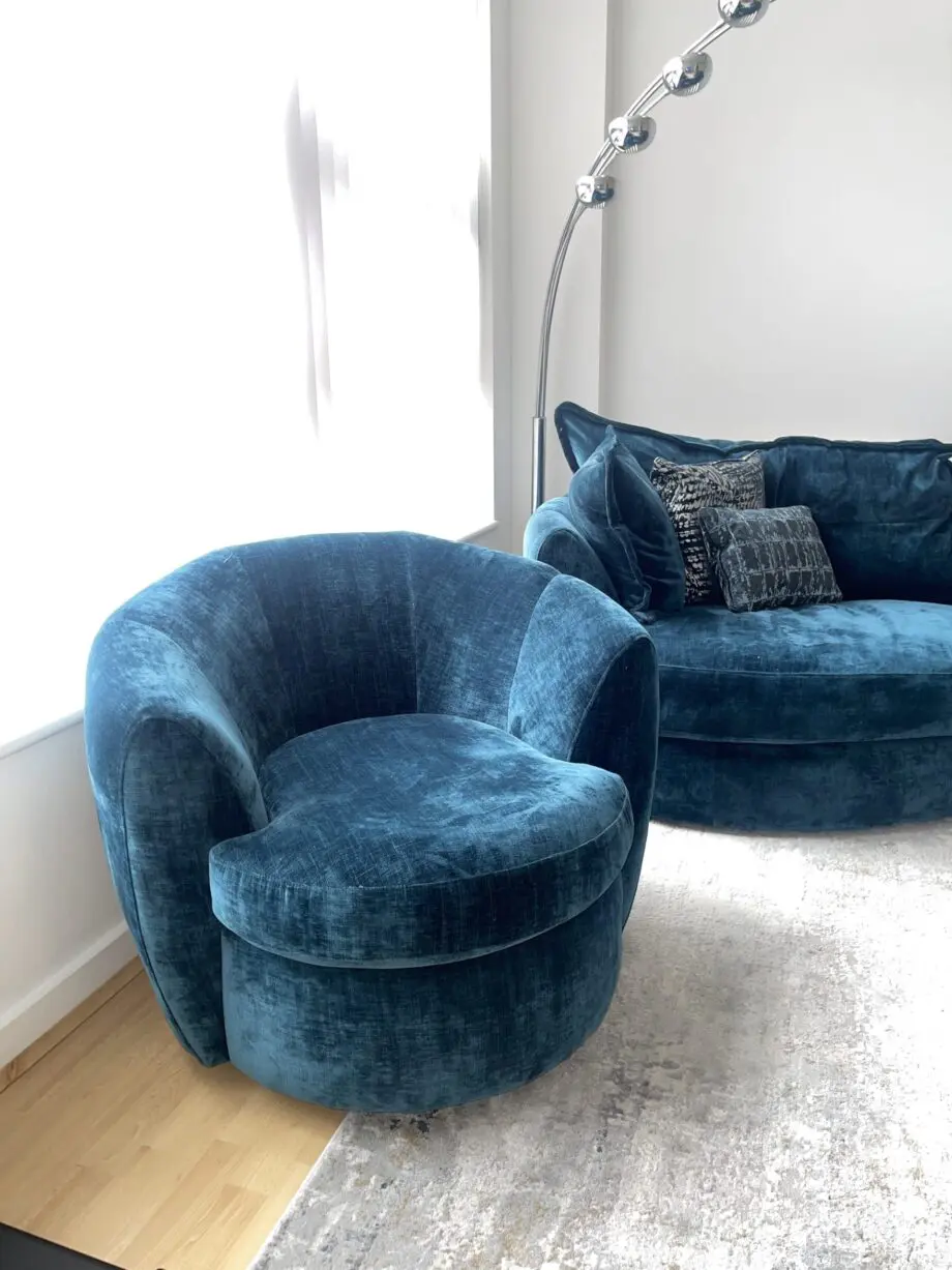 Lee longlands slumber blue velvet sofa, swivel chair and table.