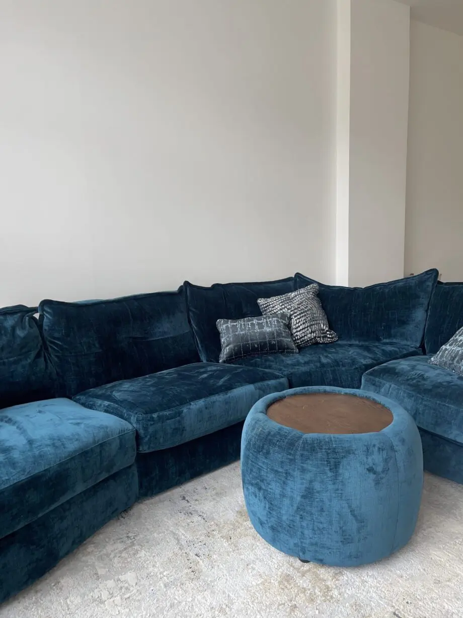 Lee longlands slumber blue velvet sofa, swivel chair and table.