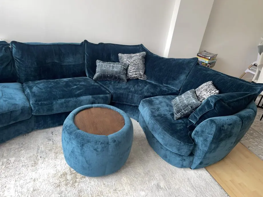 Lee longlands slumber blue velvet sofa, swivel chair and table.