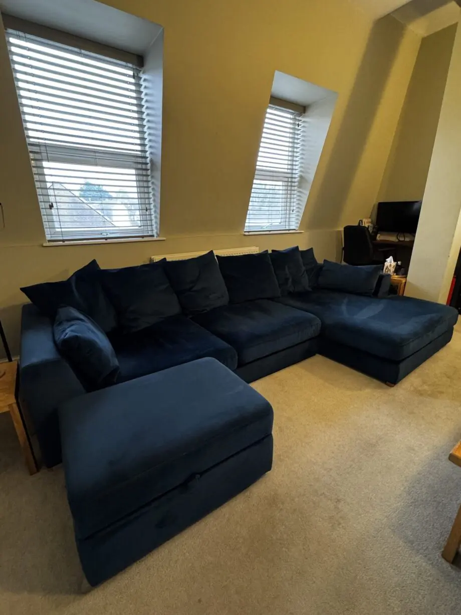 DFS Plush Velvet Pillow Back Right Hand Facing Large Chaise End Sofa & Storage Footstool