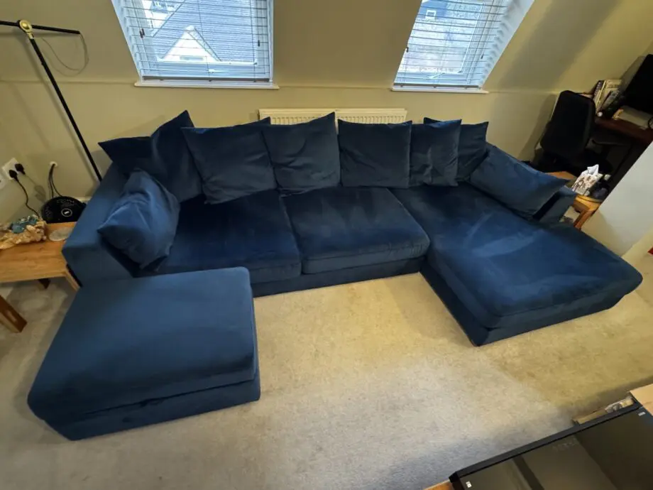 DFS Plush Velvet Pillow Back Right Hand Facing Large Chaise End Sofa & Storage Footstool