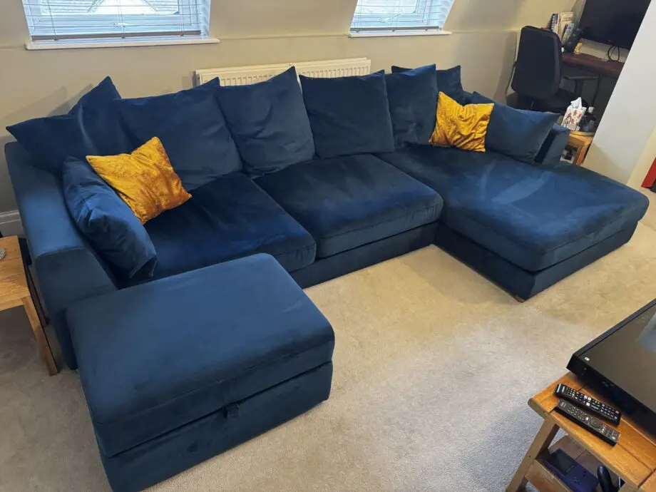 DFS Plush Velvet Pillow Back Right Hand Facing Large Chaise End Sofa & Storage Footstool