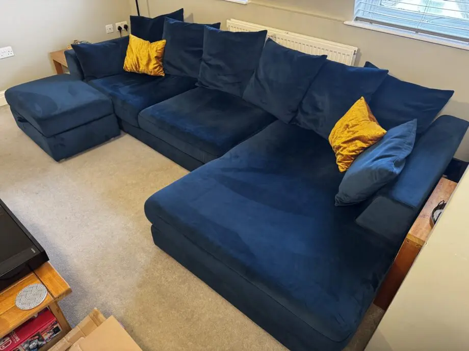 DFS Plush Velvet Pillow Back Right Hand Facing Large Chaise End Sofa & Storage Footstool