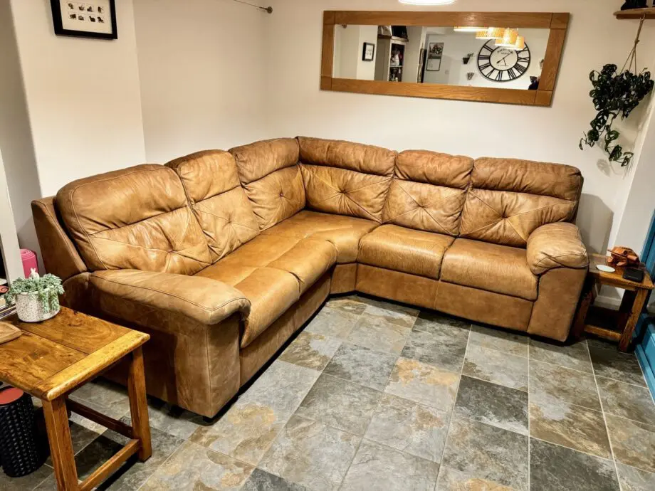 DFS Libra 3 piece corner leather sofa, tan, RRP £4,000