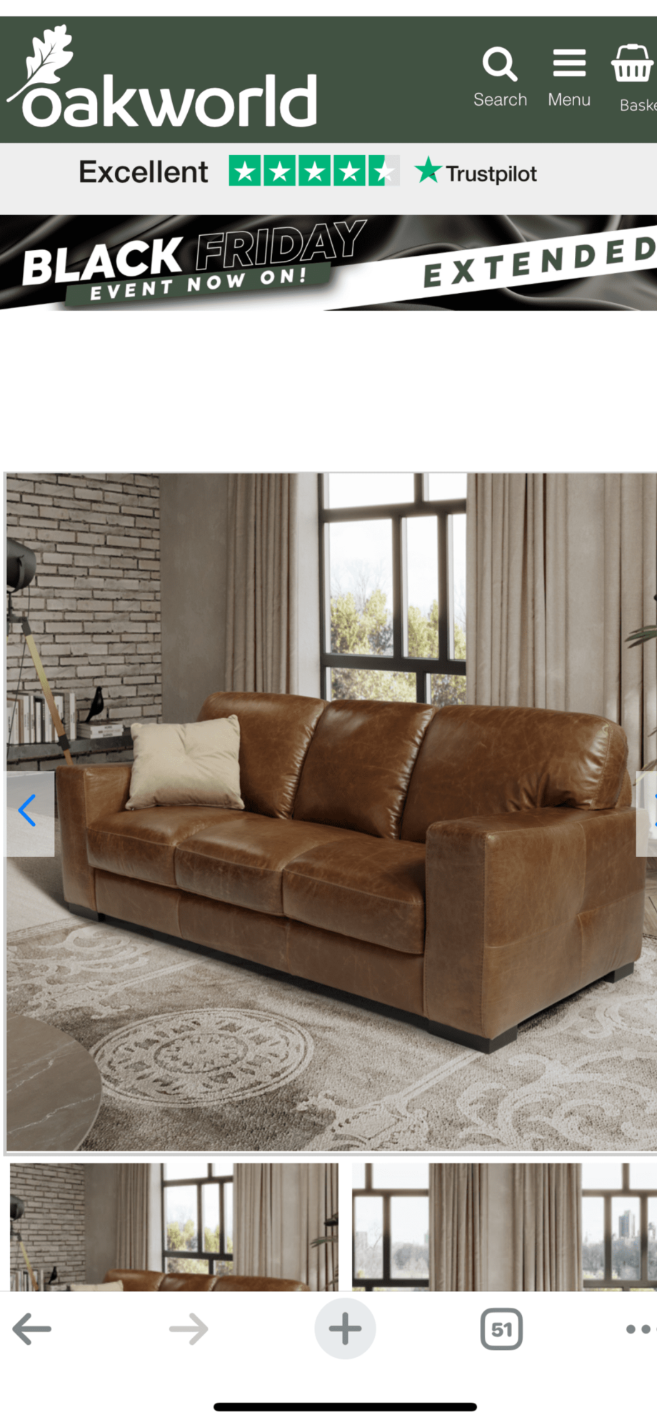Oakworld Tuscany 3 Seater Italian Leather Sofa | Brianza Cognac Brown
