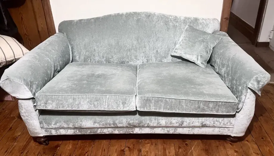 Victorian Upholstered Pastel Blue Velvet Sofa